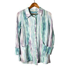 Soft Surroundings Cia Gauze Button Up‎ Blouse Pastel Rainbow Stripe Size Medium